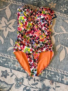 Anne Cole Floral Strapless One-Piece Swimsuit in Multi-Color with Orange Lining
